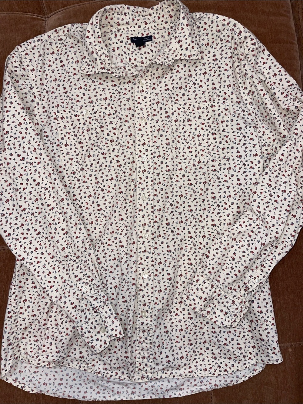 GAP Cream Button-Down Shirt with Red Floral Print